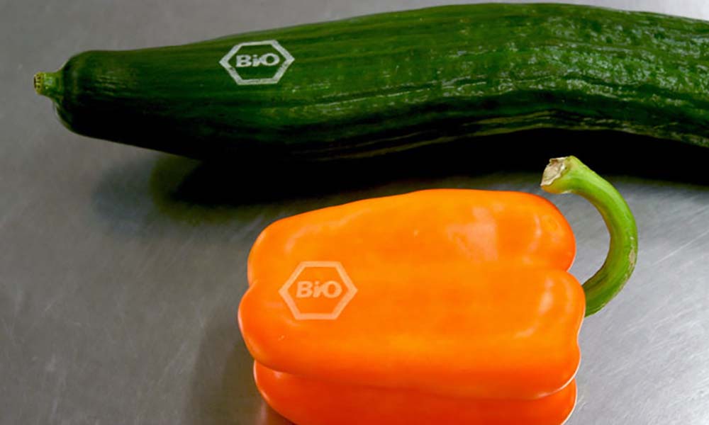 Cucumber and bell pepper with laser brand