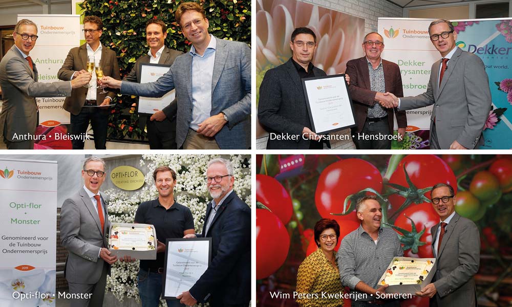 Veredelaar Antura in Bleiswijk, Dekker Chrysanten uit Hensbroek, orchideeënkweker Opti-flor in Monster en tomatenteler Wim Peters Kwekerijen uit Someren maken kans om de Tuinbouw Ondernemersprijs aan hun portfolio toe te voegen.